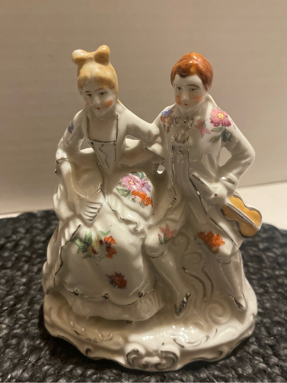 Vintage Seiei Porcelain Couple with violin Figurine with Floral Accents Japan